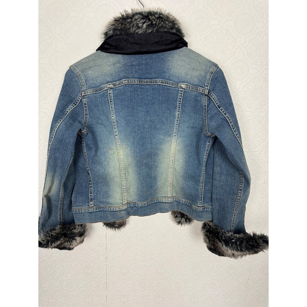 Vintage Y2K Allen B Allen Schwartz Faux Fur Trim Denim Jacket Medium Wash Small - Picture 9 of 10